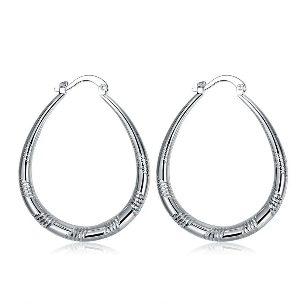 Gorgeous .925 Sterling Silver Waterdrop Hoop Earrings With Pattern - Picture 8 of 11